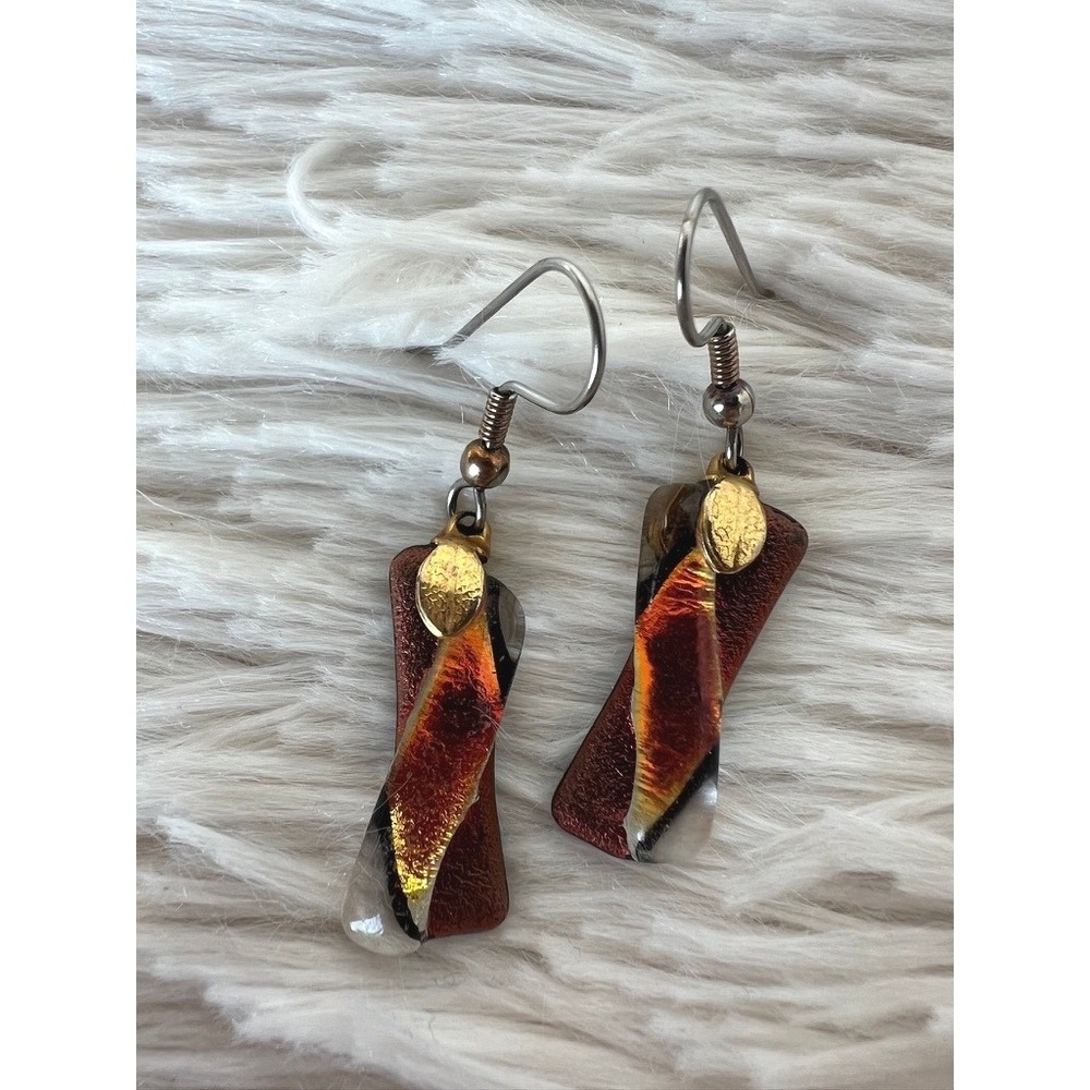 Dichroic Glass Drop Earrings Amber Copper Gold Leaf Twist Dangle Artisan Boho